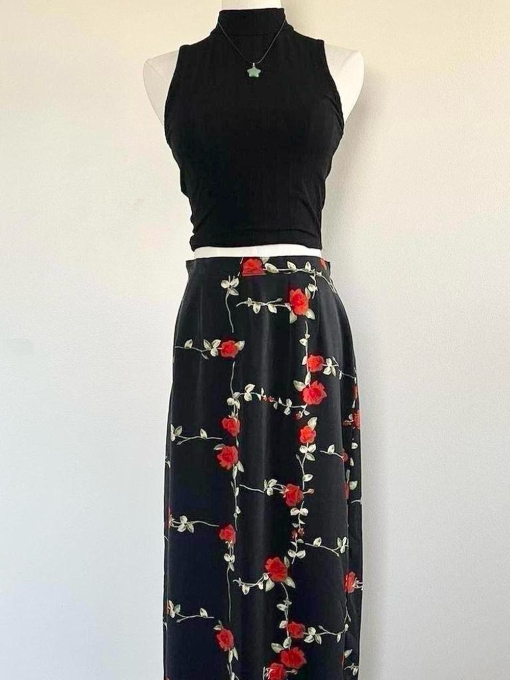 Black Floral Maxi Skirt with Red Rose Embroidery